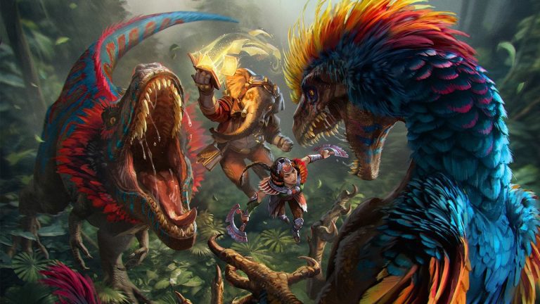 Two planeswalkers face dinosaurs