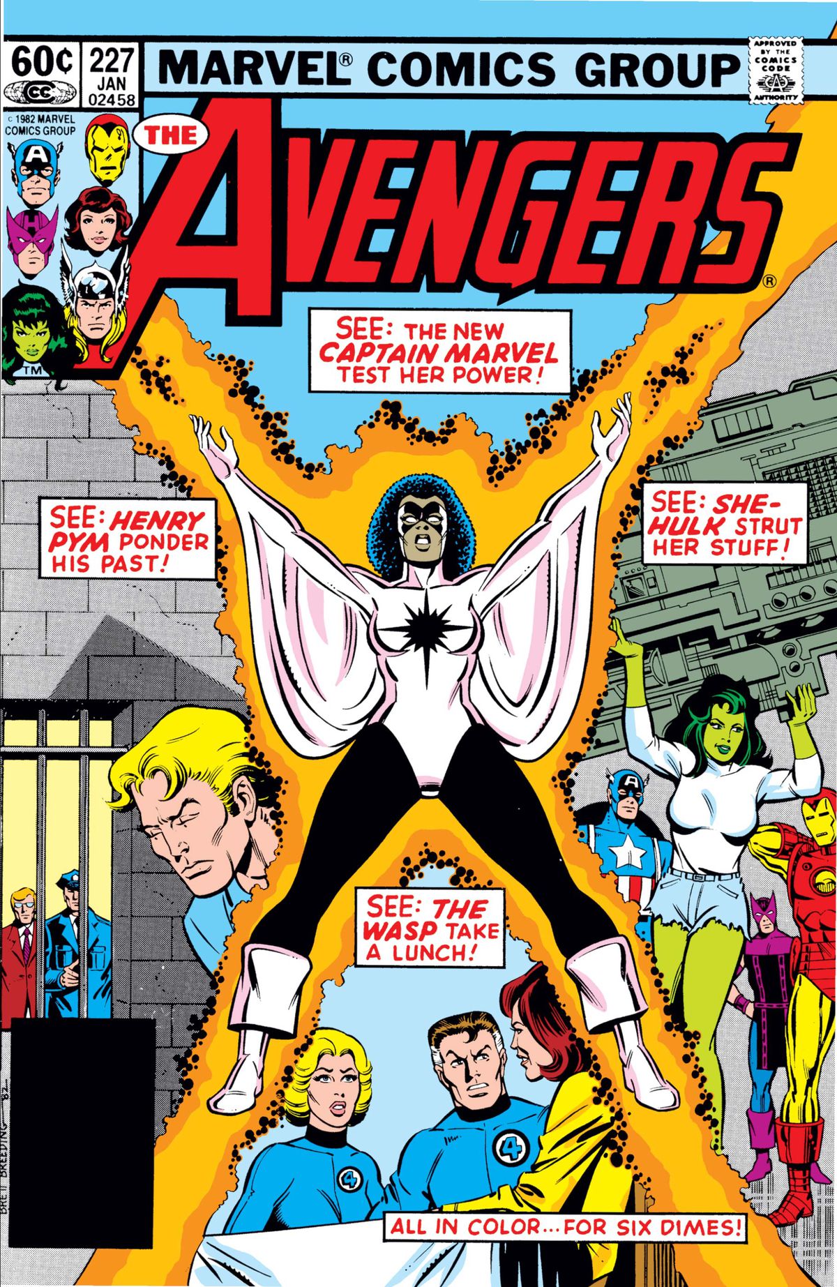 Monica Rambeau dans le rôle de Captain Marvel et des Avengers sur la couverture d'Avengers #27, Marvel Comics (1983).