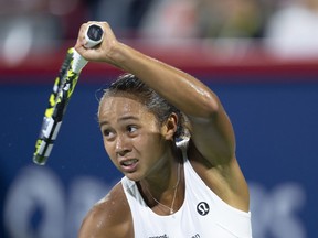 Leylah Fernandez fait son retour contre l'Américaine Danielle Collins, lors du tournoi de tennis Open Banque Nationale à Montréal, le jeudi 10 août 2023. Fernandez et la recrue de la Coupe Billie Jean King, Marina Stakusic, joueront en simple pour le Canada lors de son match d'ouverture contre hôte de l'Espagne.