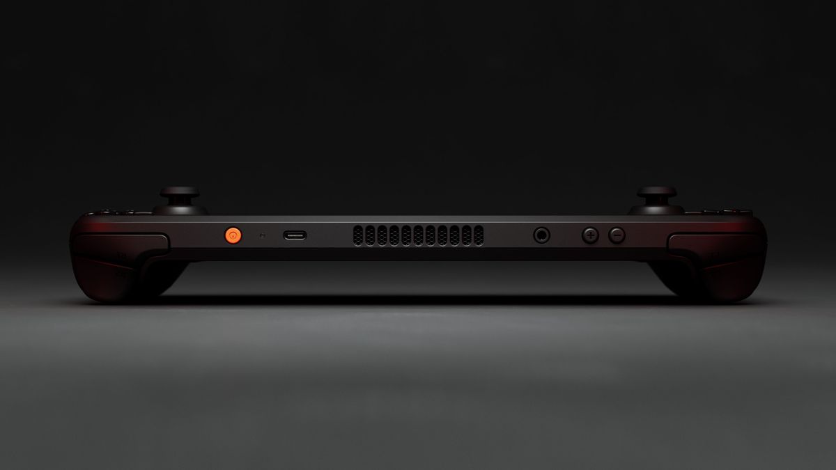 Le haut du Steam Deck OLED, y compris le bouton d'alimentation orange