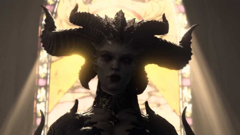 Image of Lilith in front of a yellow window in Diablo 4 cutscene.