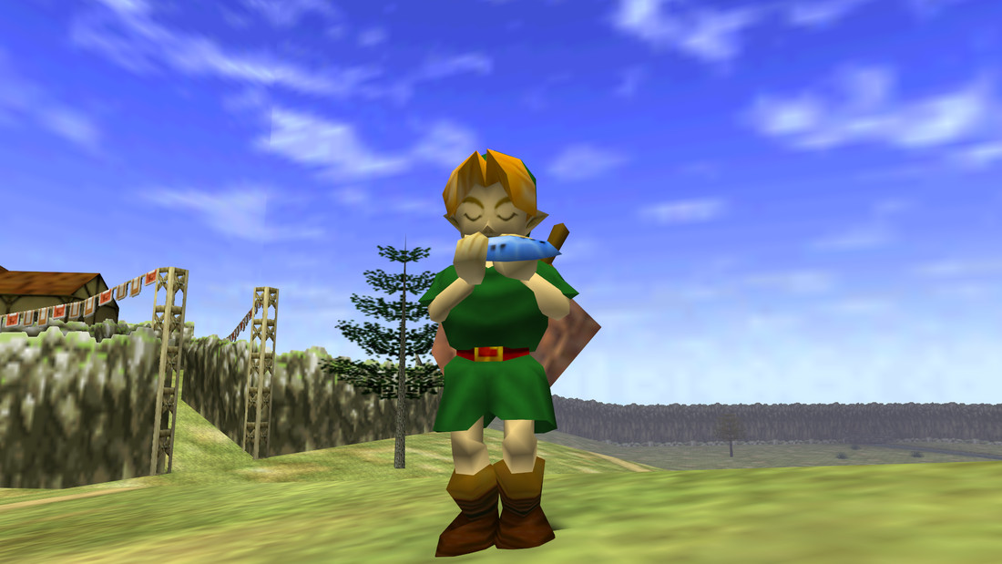 Link jouant de l'ocarina of time dans Ocarina of Time