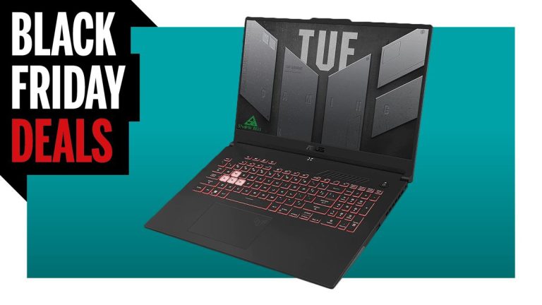 Opened ASUS gaming laptop on blue background with Black Friday logo