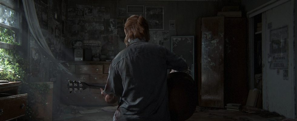 The Last of Us Part 2: Ellie playing guitar with he rback to the camera.