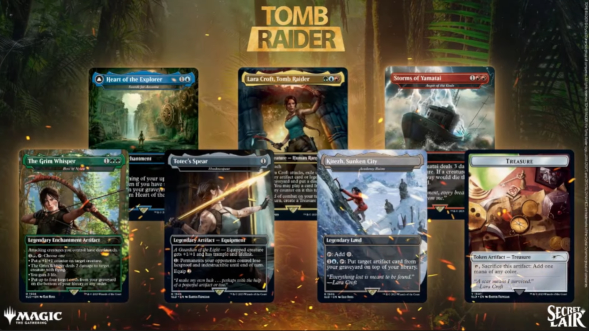 Une gamme de cartes Tomb Raider MTG sur fond de jungle