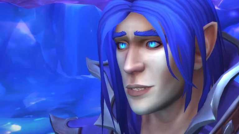 Kalecgos, aspect of the blue Dragonflight from World of Warcraft: Dragonflight, flashes a hopeful smile - he is a blue-haired mage of considerable power with a vulnerable expression.