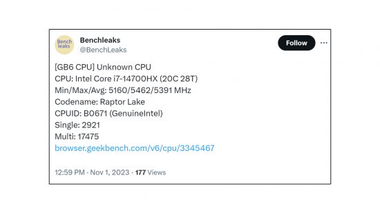 Ordinateur portable avec processeur de fuite de référence Intel Core i7 14700HX : un tweet montrant les détails d'un processeur d'ordinateur portable Intel.