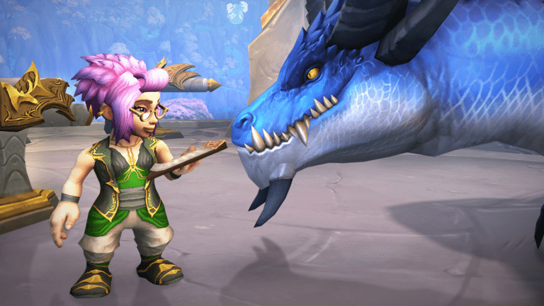 A gnome looks over a ledger with spectacles on, while her dragonriding companion leans in, in World of Warcraft: Dragonflight.