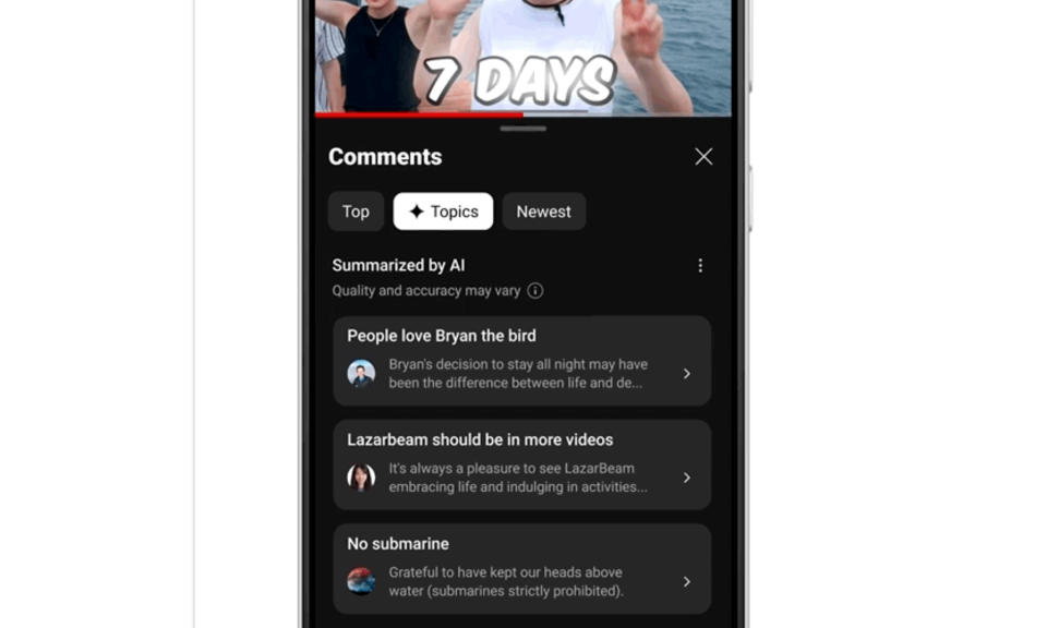 Capture d'écran de l'application mobile YouTube avec une fonction de résumé des commentaires alimentée par l'IA.  Il classe les commentaires par sujet.