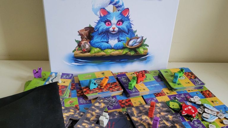 The box, tokens, and board pieces of Race to the Raft