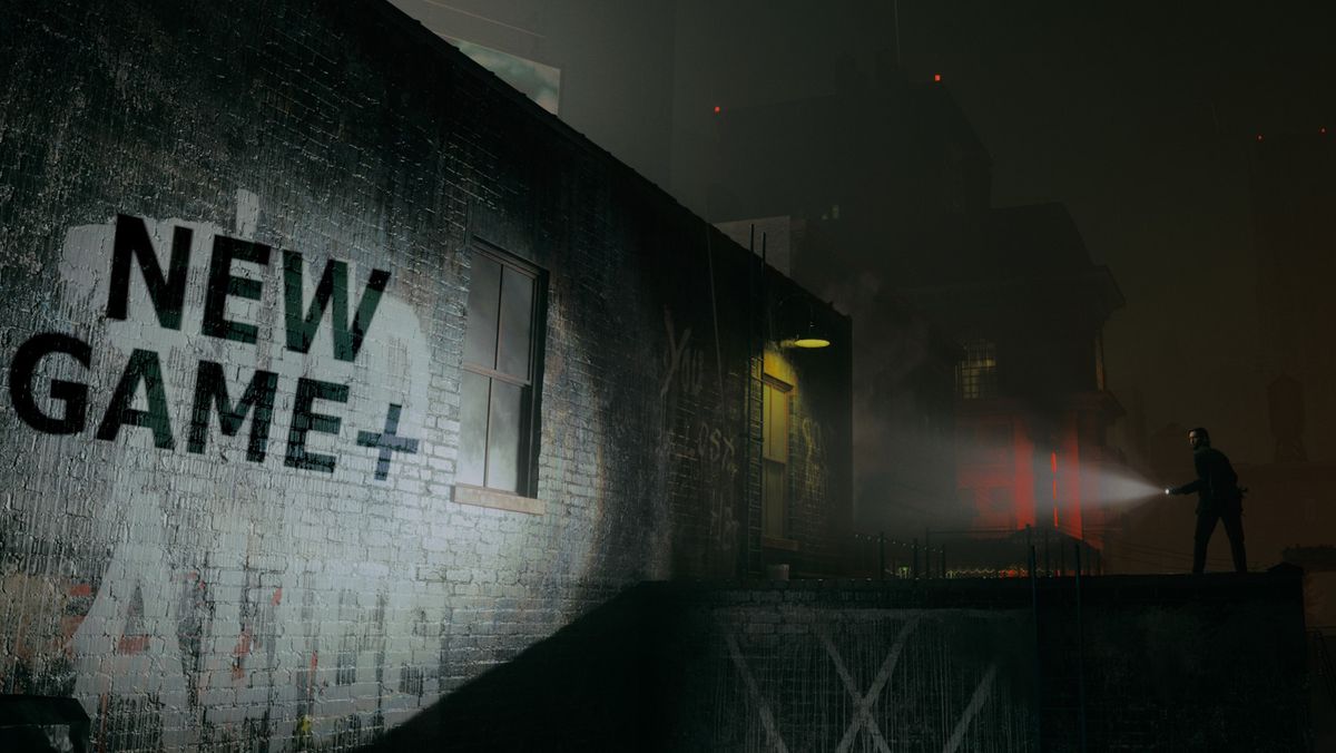 Alan Wake 2 New Game+ mode teaser image - Alan Wake shining a flashing illuminating the words New Game+ on a wall