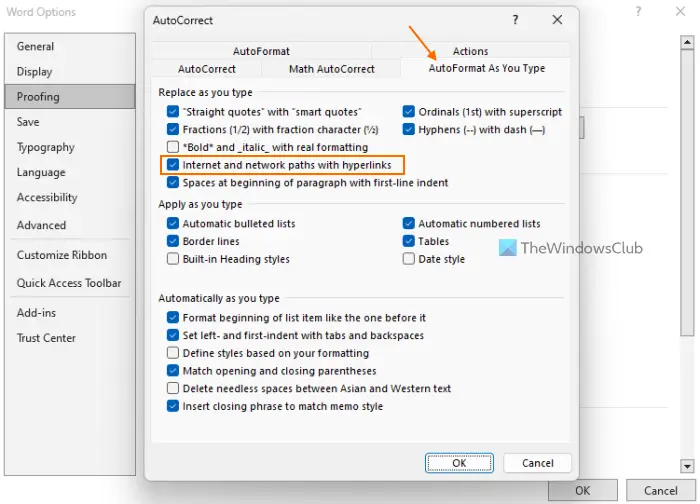 vérifier les hyperliens de configuration du format automatique