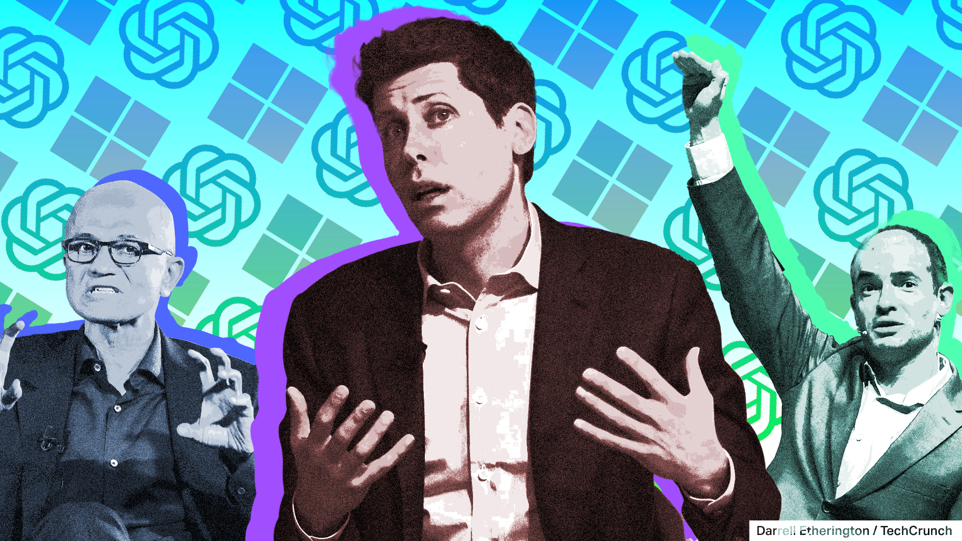 Sam Altman, Satya Nadella et Ilya Sutskever dans un collage d'illustrations