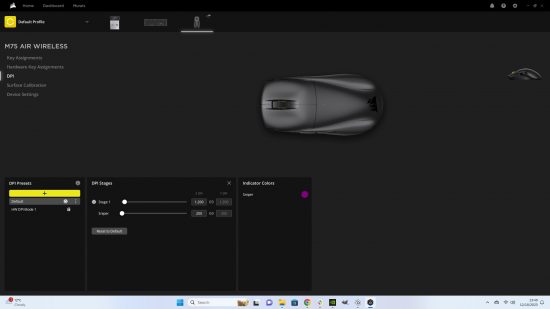Une image des paramètres DPI du Corsair M75 Air dans iCue