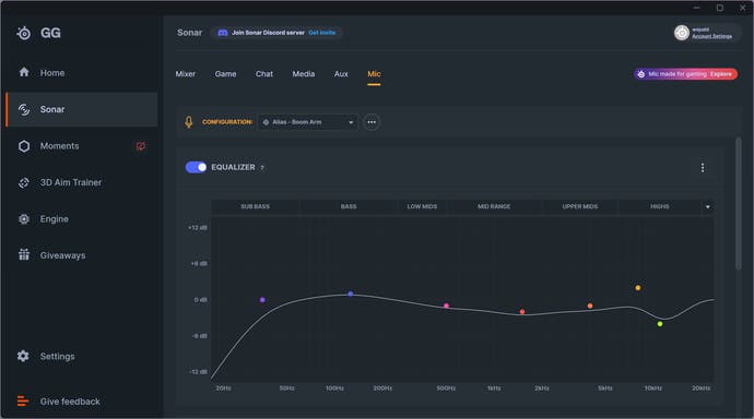 Capture d'écran du sonar Steelseries gg