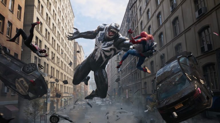 Venom fighting Spider-Man. This image is part of an article about the best action-adventure games of 2023.