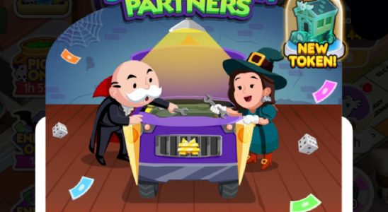 An image of the banner for Spooky Car Partners in Monopoly GO showing Uncle Pennybags and a witch looking at a car.