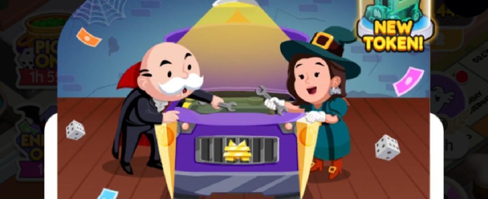 An image of the banner for Spooky Car Partners in Monopoly GO showing Uncle Pennybags and a witch looking at a car.