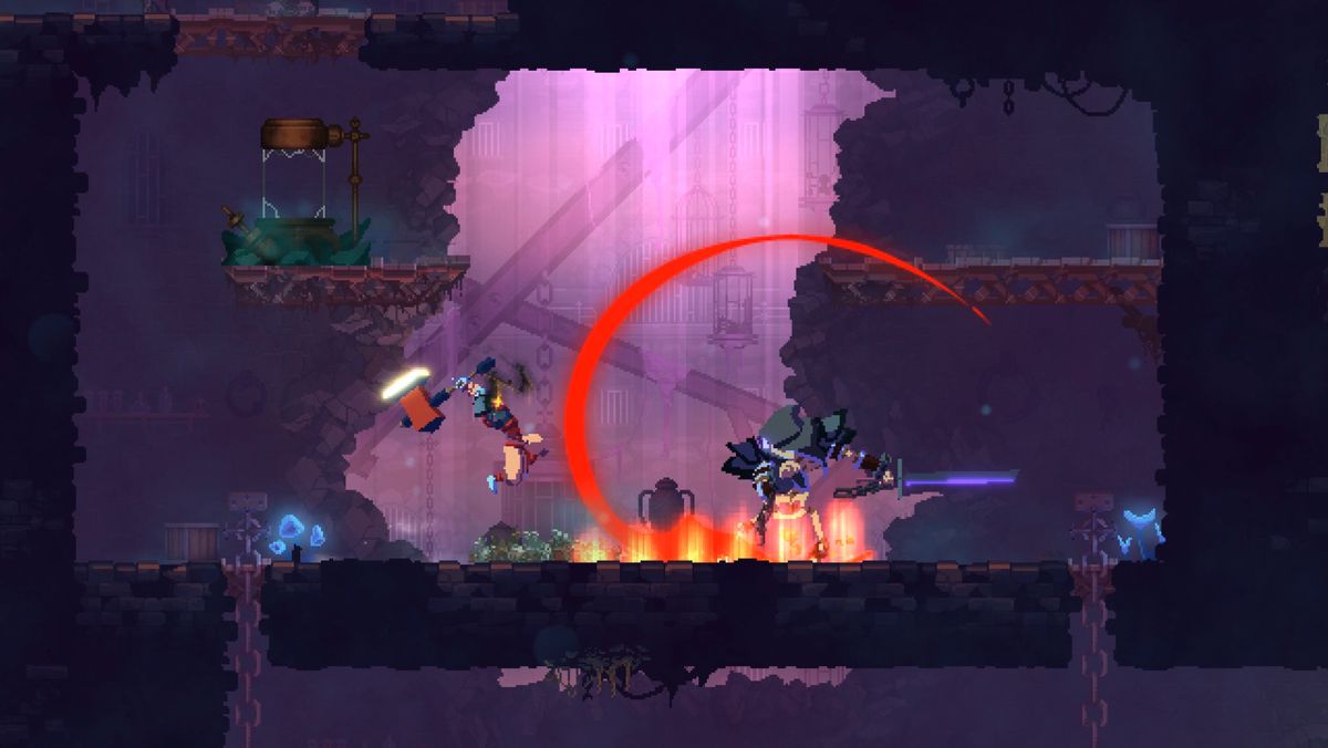 Le protagoniste de Dead Cells sautant à travers l'écran, brandissant un marteau