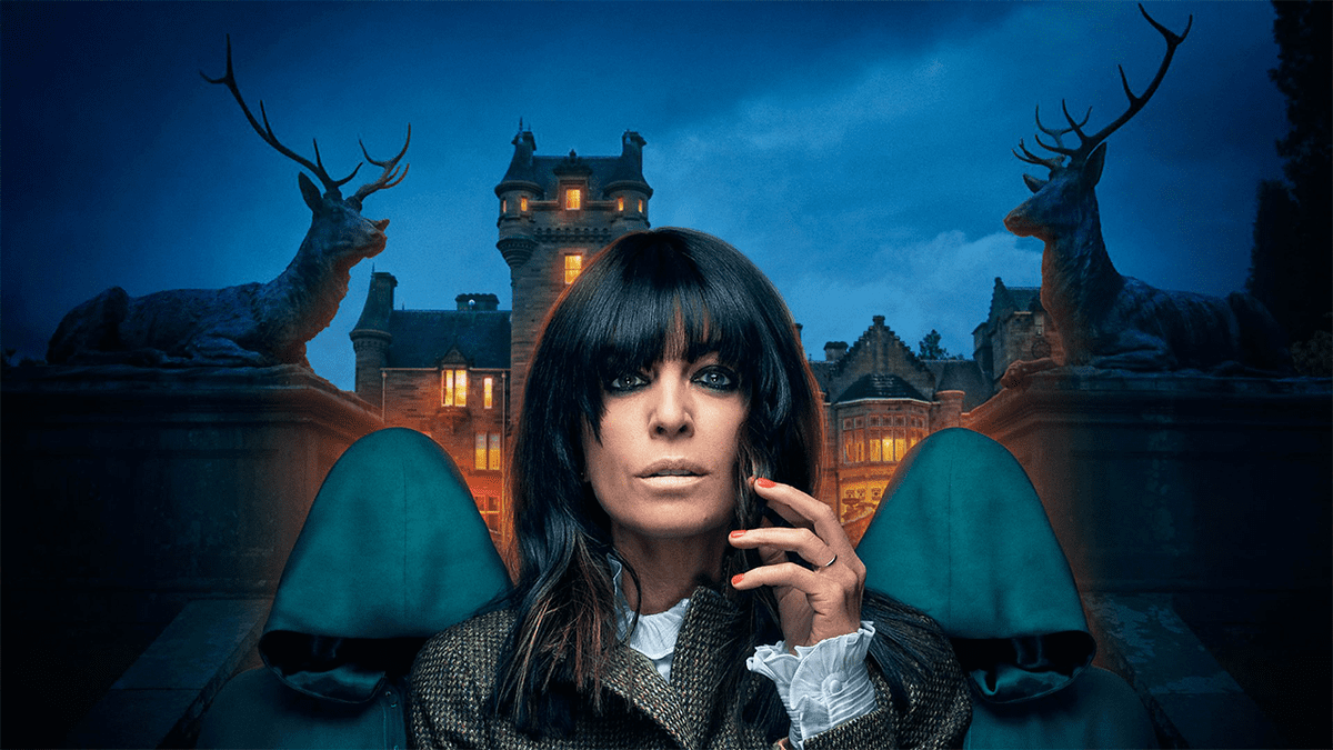 Claudia Winkleman and two cloaked figures in The Traitors UK promotional imagery