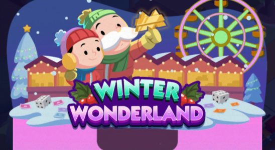 A header for the Winter Wonderland event in Monopoly GO showing Rich Uncle Pennybags holding a child and looking at a golden M.