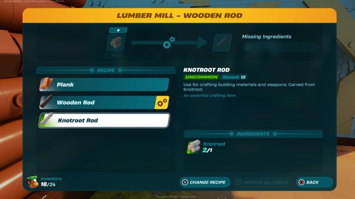 Knotroot Rods dans LEGO Fortnite dans le cadre d'un guide expliquant comment les fabriquer dans le jeu.  L'image montre un écran de menu permettant de transformer le bois Knotroot en tiges Knotroot.