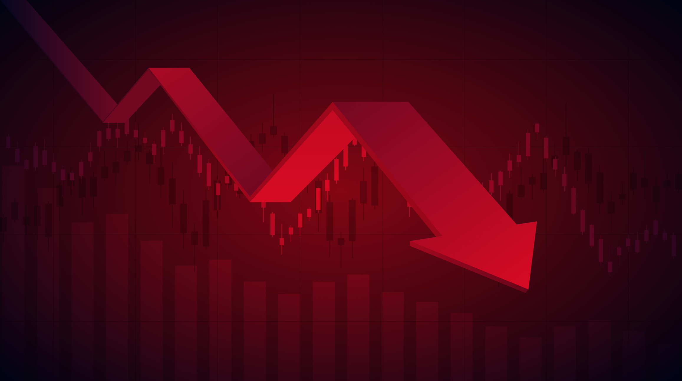 Tableau financier abstrait avec graphique linéaire de téléchargement et flèche en bourse sur fond rouge