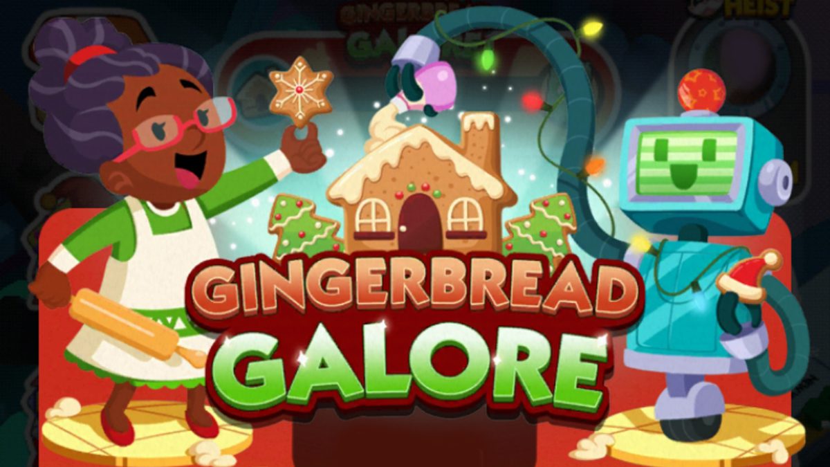 A header-sized image for the Gingerbread Galore event in Monopoly GO that shows a woman and robot building a gingerbread house.