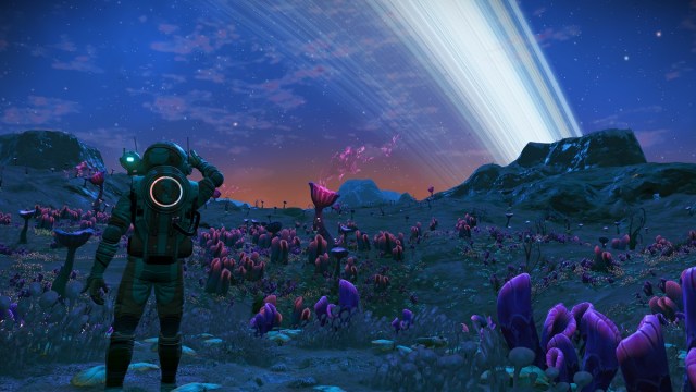 No Man's Sky : un voyageur regarde l'horizon d'une planète sombre.