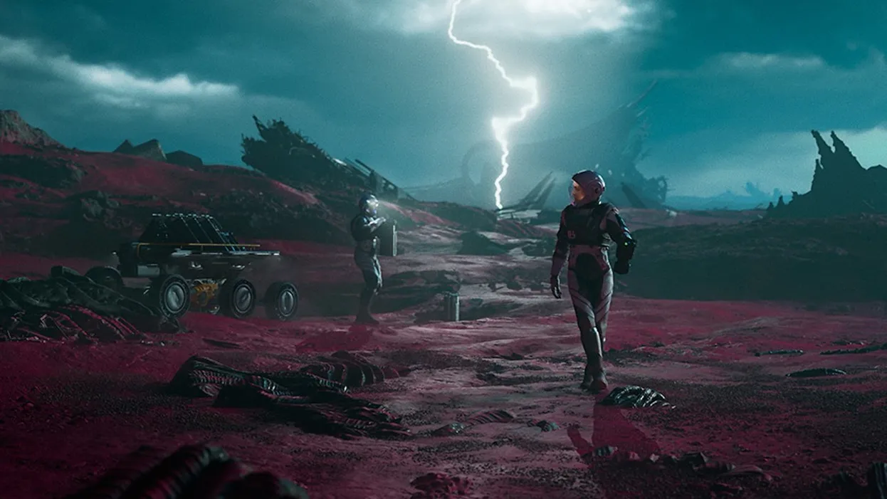 A promo still from Exodus featuring an astronaut on an alien planet with a lightning strike in the background.