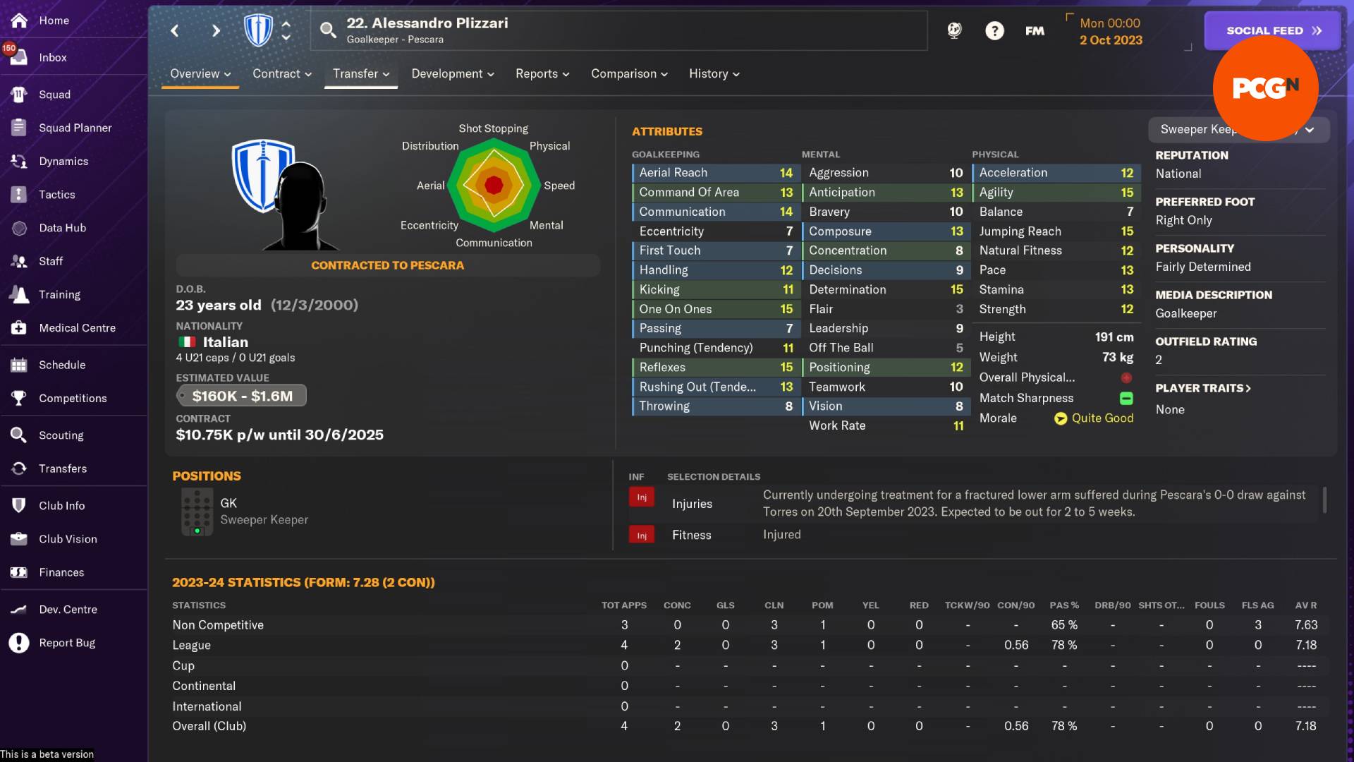 Bonnes affaires Football Manager 2024 : Alessandro Plizzari