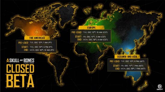 Une infographie montrant les horaires de la bêta fermée de Skull and Bones en décembre 2023