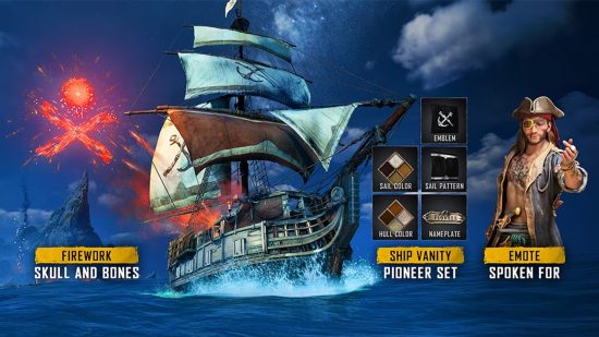 Toutes les récompenses pour votre participation à la version bêta de Skull and Bones, y compris un énorme pack cosmétique de navire, un feu d'artifice et une émoticône de pirate.