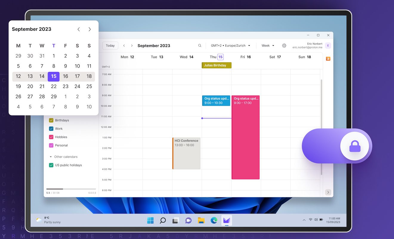 Proton Mail pour ordinateur de bureau avec calendrier