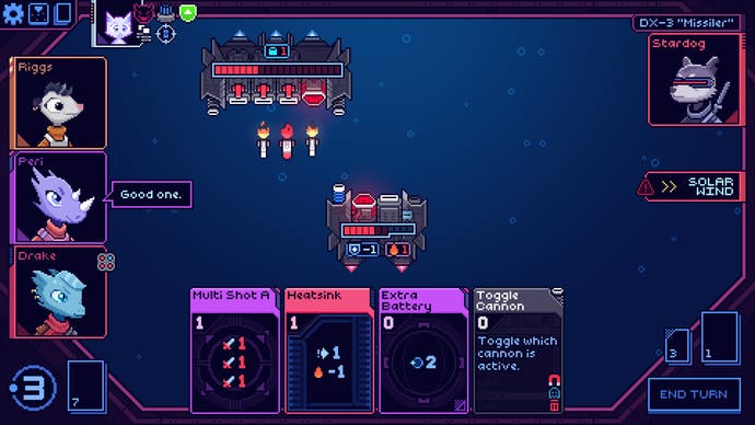 Capture d'écran de Cobalt Core montrant un combat aérien entre deux navires.  Le navire ennemi est piloté par Stardog.