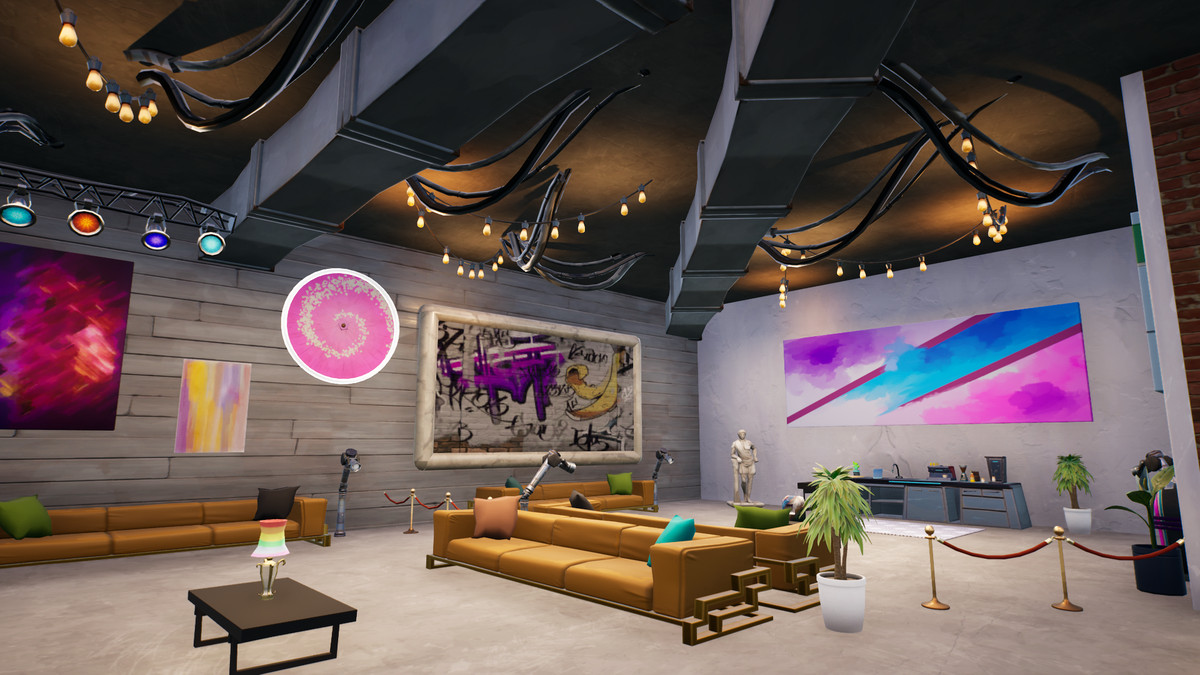 Le salon de la récréation de l'hôtel Moxy dans la publicité Marriott Bonvoy dans Fortnite