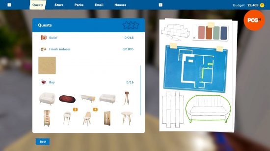 Certaines des quêtes restrictives de House Flipper 2, notamment quoi acheter et quel motif de surface utiliser.