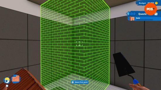 Une zone est surlignée en vert pour indiquer où un mur doit être construit dans House Flipper 2.