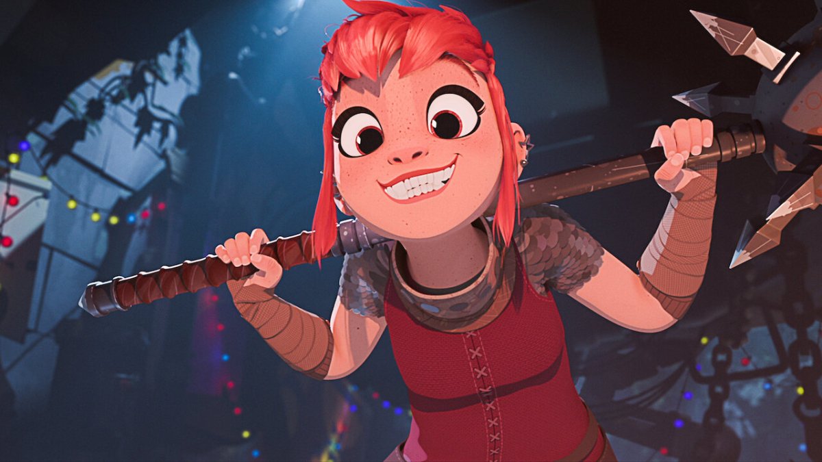 Nimona souriante.  Cette image fait partie d'un article sur les meilleurs films d'animation de 2023.