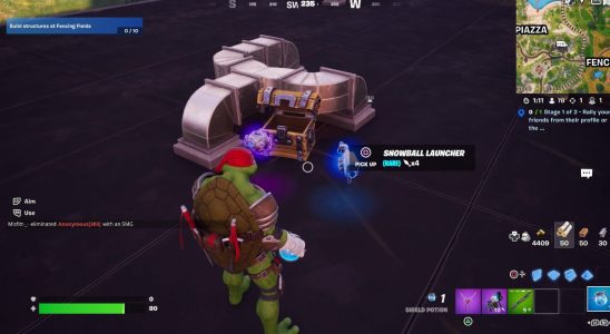 A Snowball Launcher outside a chest in Fortnite.