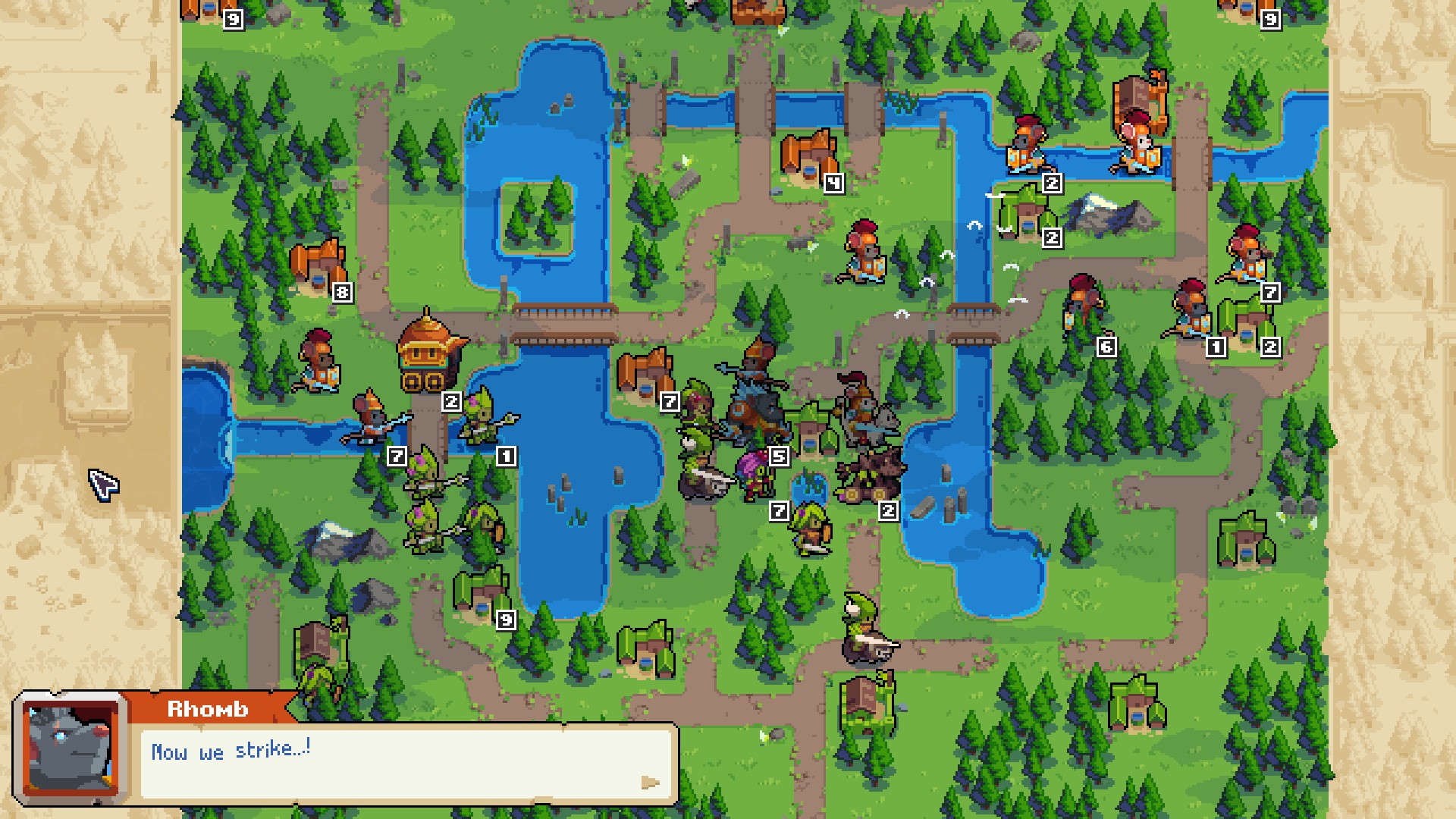 Wargroove 2 capture d'écran de troupes sur une carte.