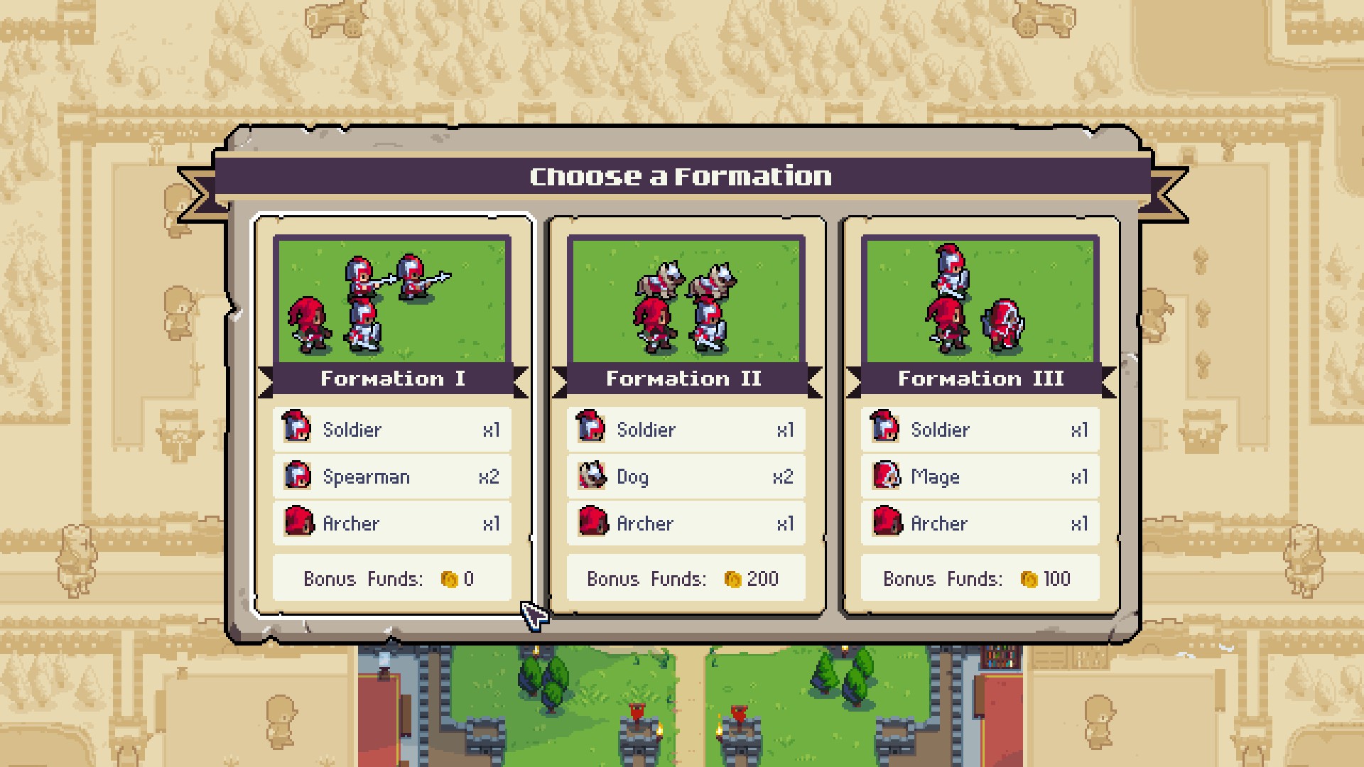 Différentes formations en mode conquête Wargroove 2.