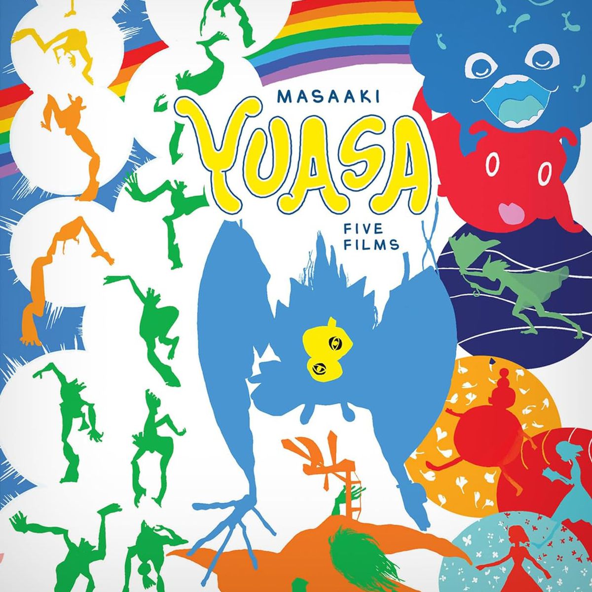 La couverture du coffret Blu-ray Masaaki Yuasa : Five Films, avec une variété de personnages des films du réalisateur d'anime aux silhouettes nettes et aux couleurs vives