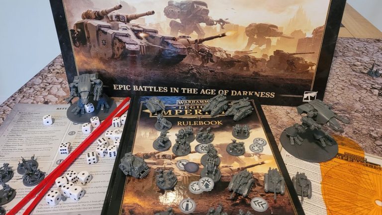 The Legions Imperialis box, rulebook, miniatures, tokens, and tools on a table