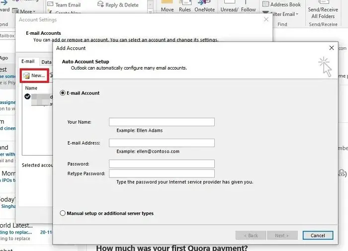 Configuration d'un nouveau compte Outlook