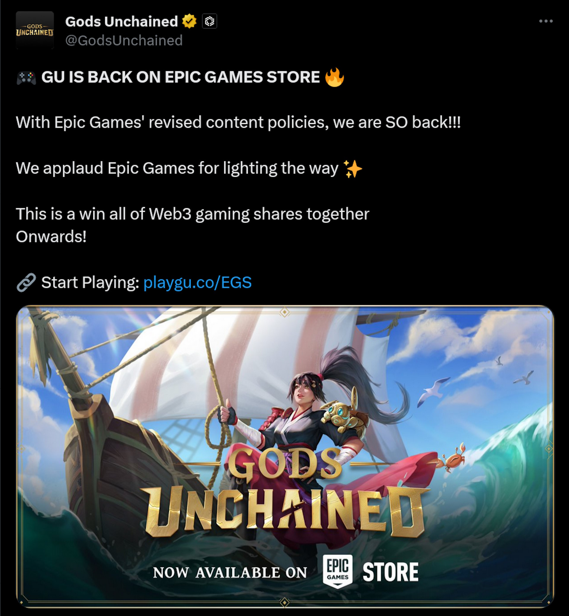 Photo de profil Square Gods Unchained @GodsUnchained · 20h 🎮 GU EST DE RETOUR SUR EPIC GAMES STORE 🔥 Avec les politiques de contenu révisées d'Epic Games, nous sommes TELLEMENT de retour !!!  Nous félicitons Epic Games pour avoir ouvert la voie ✨ C'est une victoire de toutes les actions de jeux Web3 ensemble.  🔗 Commencez à jouer : http://playgu.co/EGS