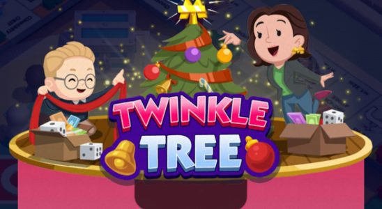 A header-sized image for the Twinkle Tree event in Monopoly GO. The image shows a young child with blonde hair wrapping tinsel around a Christmas tree while a woman with dark hair hangs ornaments.