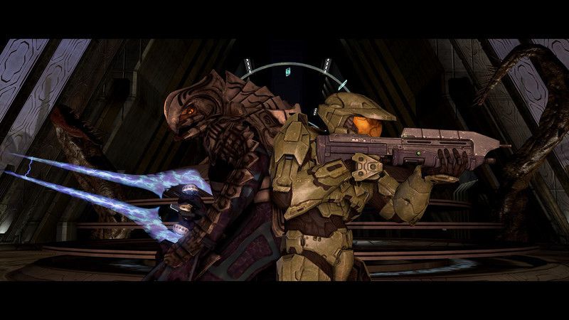 L'Arbiter et le Master Chief se tiennent dos à dos, les armes à la main, dans cette capture d'écran de Halo 3.