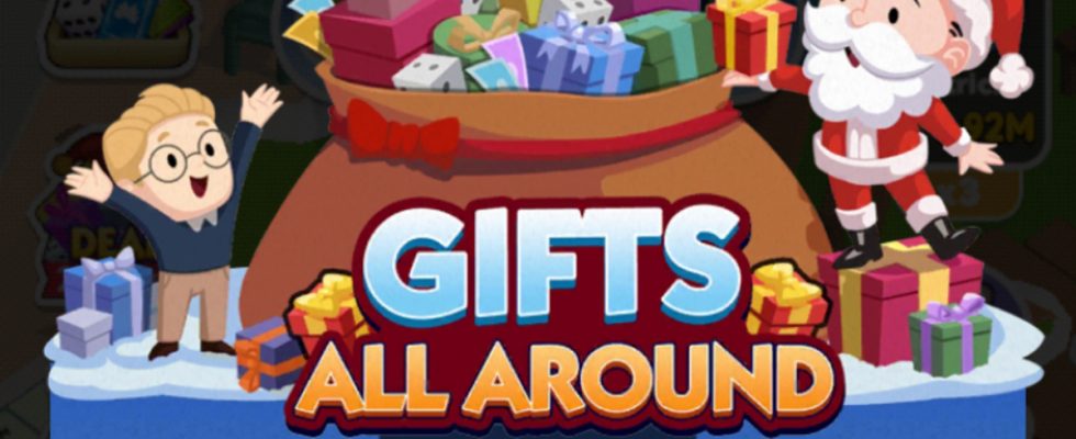 A header for the Gifts All Around event in Monopoly GO showing Mr. Monopoly taking a gift out of a giant bag full of presents while a child looks on.