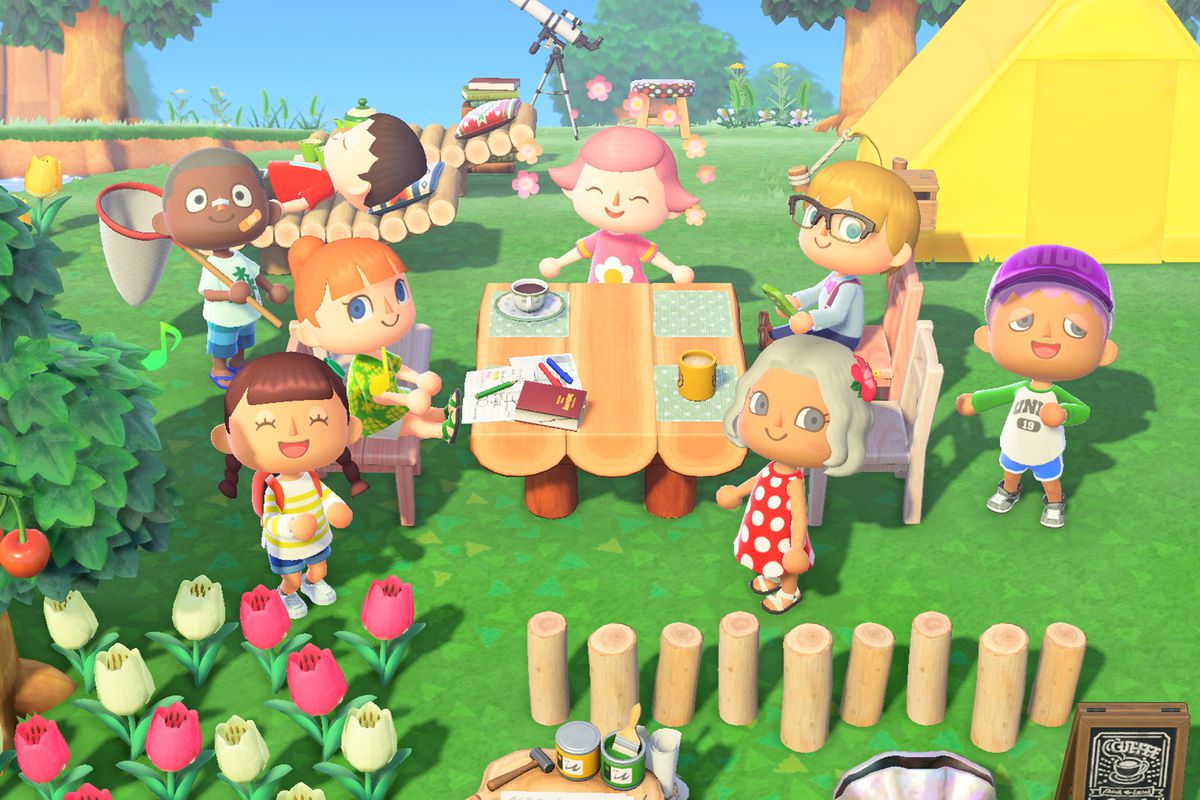 Un groupe de huit résidents réunis autour d'une table de pique-nique dans Animal Crossing: New Horizons